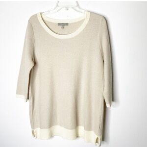 Neiman Marcus Beige Scoop Neck Lightweight Sweater with Cream Trim
